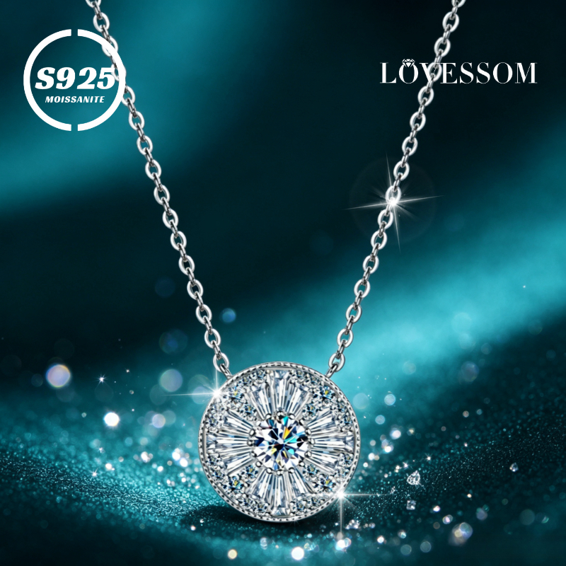 Unisex 925 Silvery Moissanite Geometric Round Collarbone Necklace